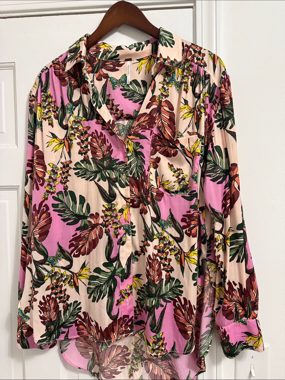 Free People Pink Cream Tropical Print Button-Down Shirt